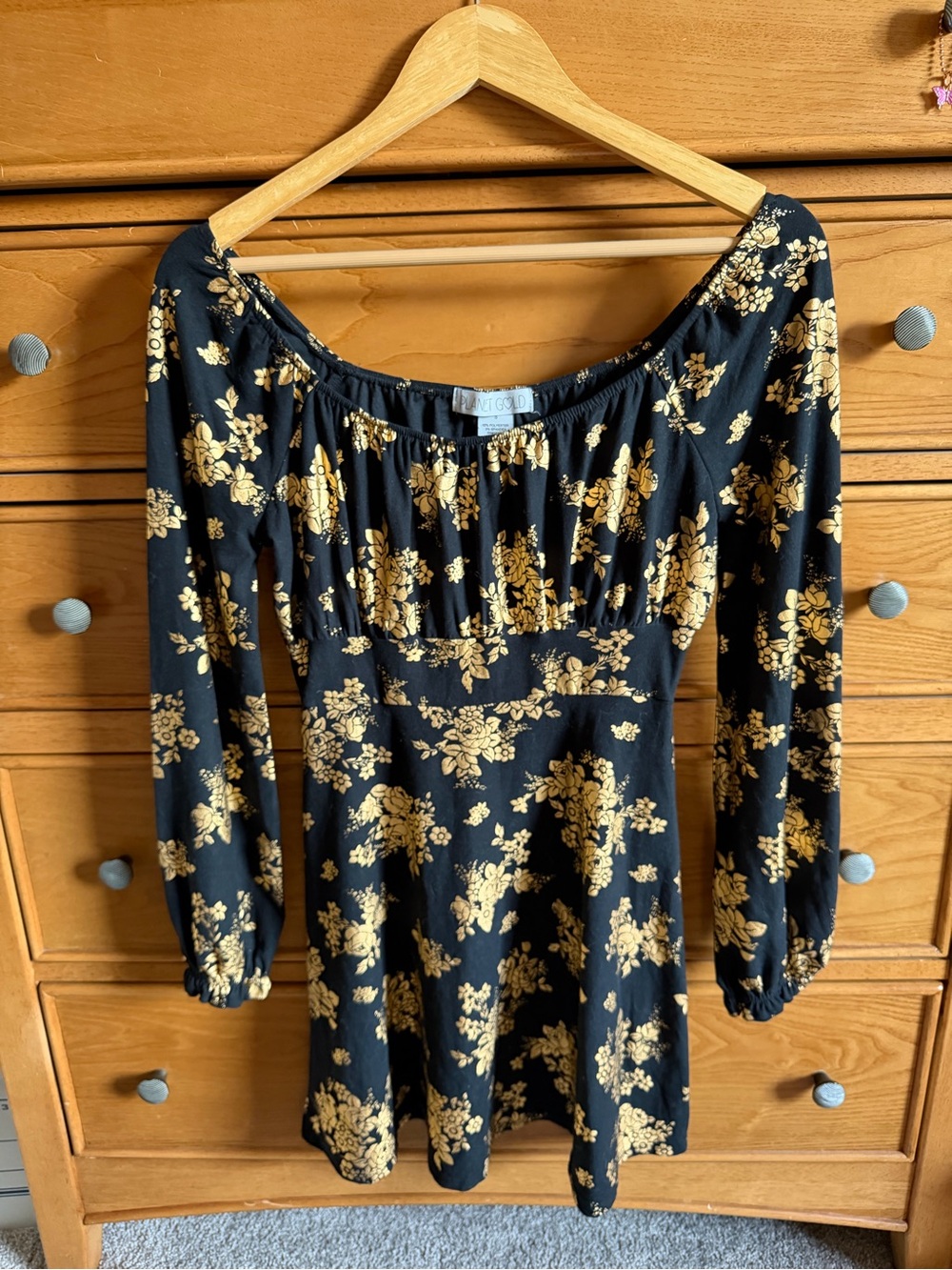 Planet Gold Black and Gold Floral Dress Womens S Dark Cottagecore Whimsigoth